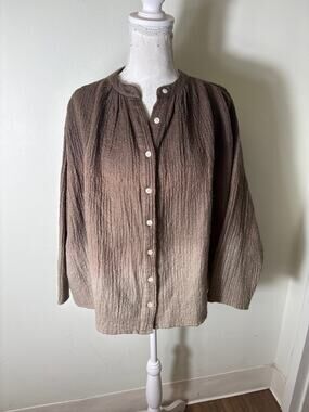 V.DE. Vinster Brown Waffle Gauze Long Sleeve Boxy Shirt Sz M